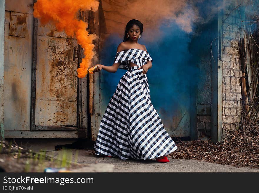 Women&#x27;s Black and White Checked Dress