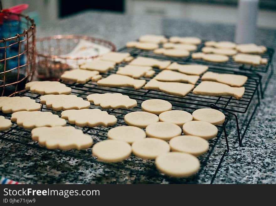 Assorted-shape Pastries on Black Steel Trays