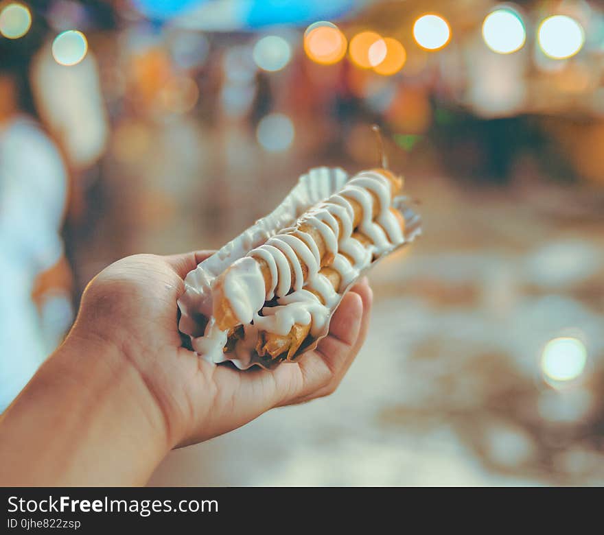 Bokeh Photo of Person Holding Shanghai Roll Wraps With Mayonnaise