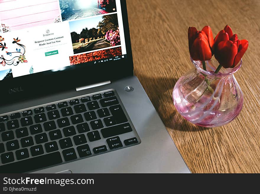 Black Dell Laptop Beside the Pink Glass Vase