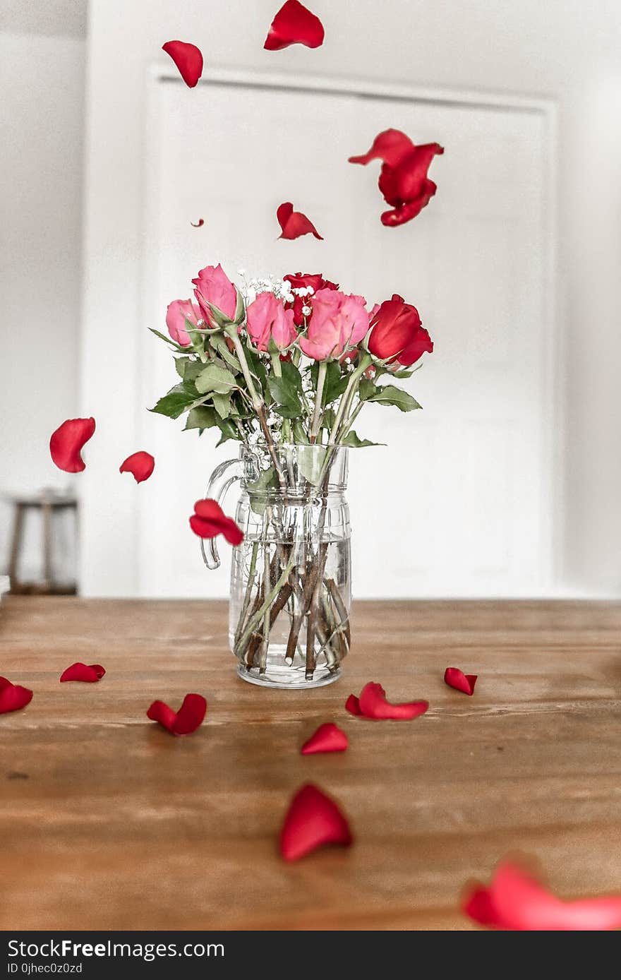 Pink and Red Roses on Clear Glass Pitcher