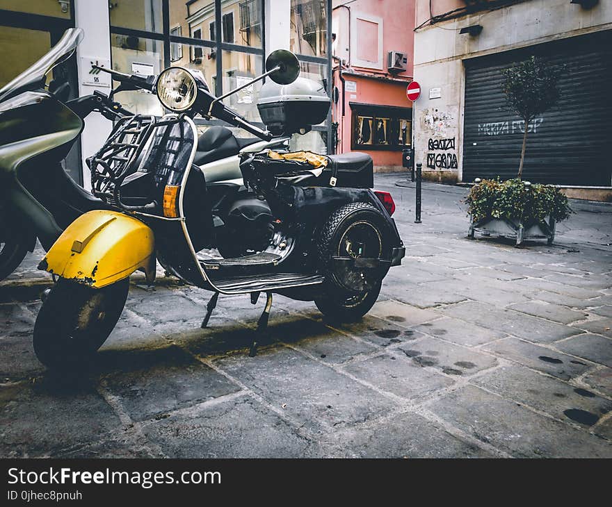 Helmet on the Footrest of Motor Scooter