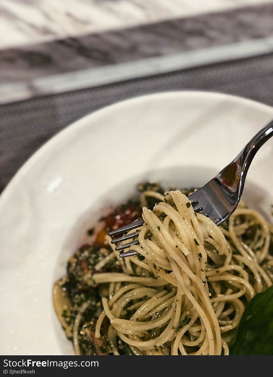 Cooked Pasta on White Ceramic Plate