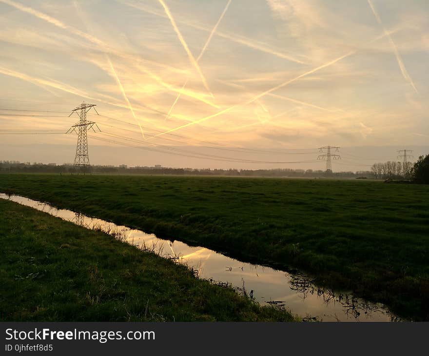 Sky, Field, Transmission Tower, Morning