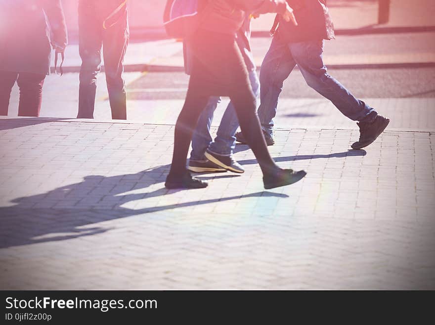 Low section of people walking on sidewalk in city