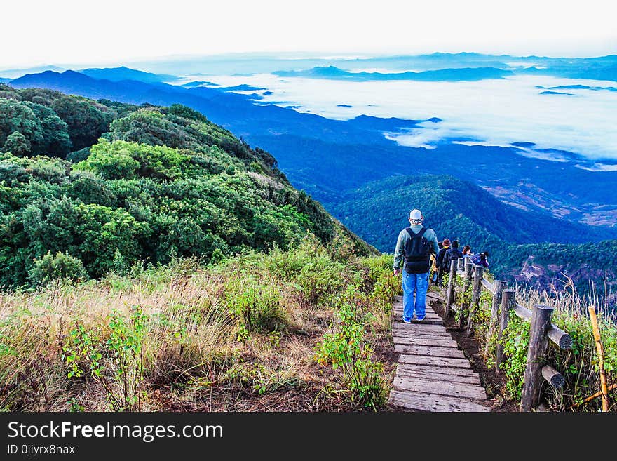 Person Standing on Brown Wooden Dock on Hill