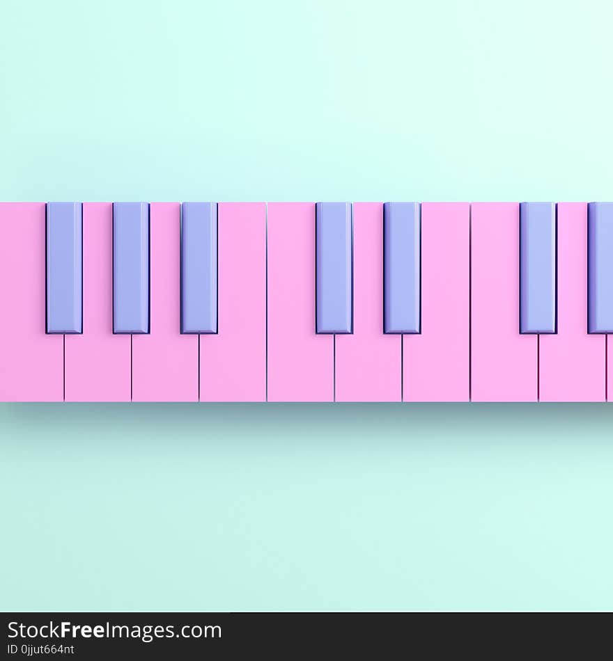 Pink piano keyboard on bright background in pastel colors. Top view. 3d rendering