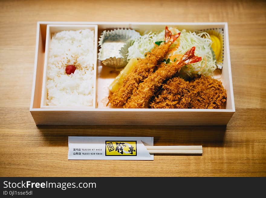 Ebi Tempura Bento on Brown Wooden Table