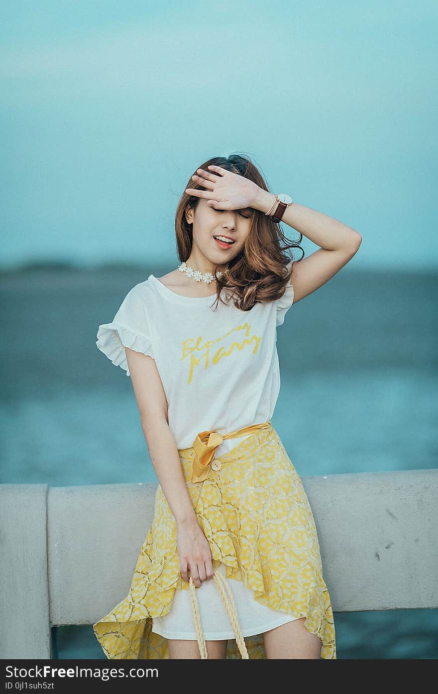 Woman Wearing White and Yellow Scoop-neck Mini Dress