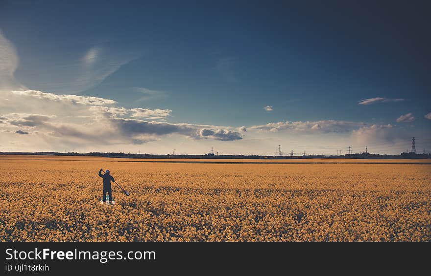 Man on Field Under Blue Cloudy Sky