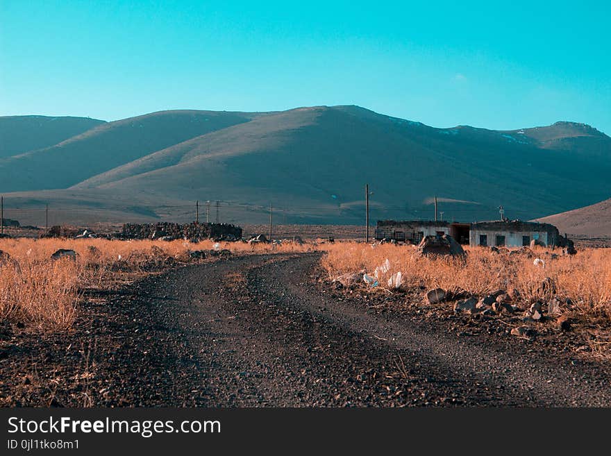 Gray Road in Between Brown Grass Field With Mountains Background