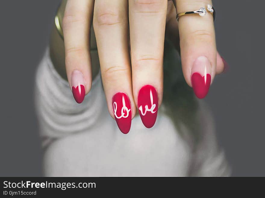 Red and White Manicure With Love Print