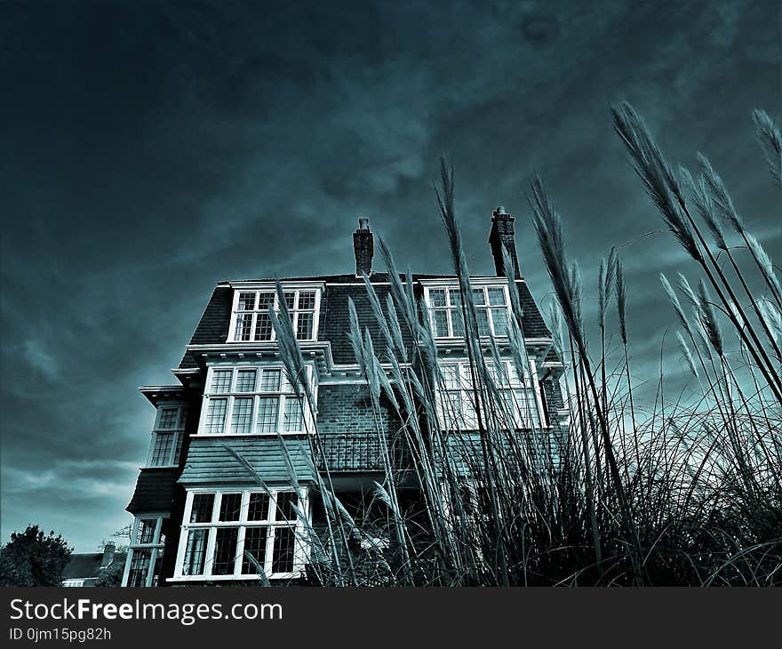 Greyscale House Photo Under Clouds