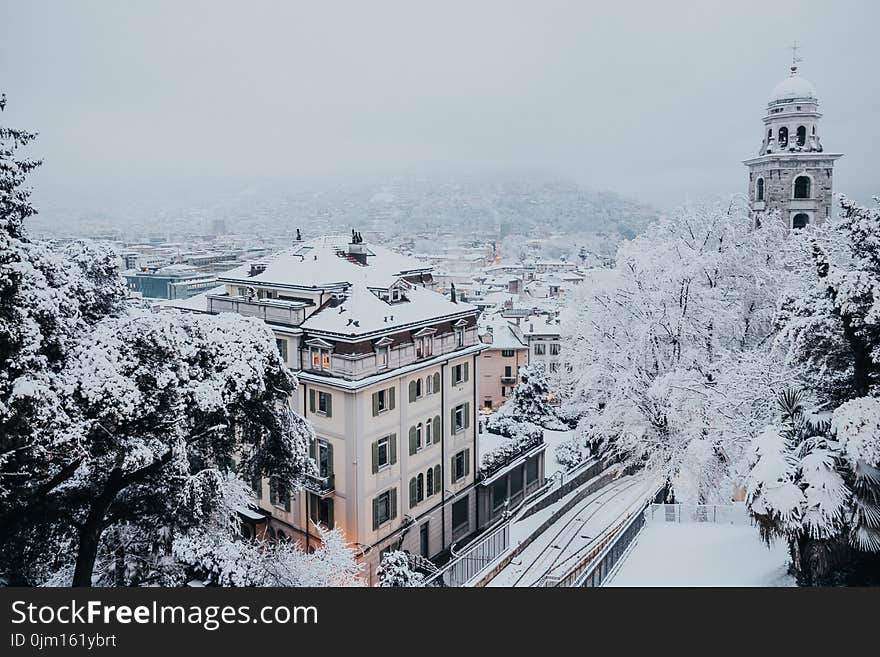 Bird&#x27;s Eye View of Snowy Town