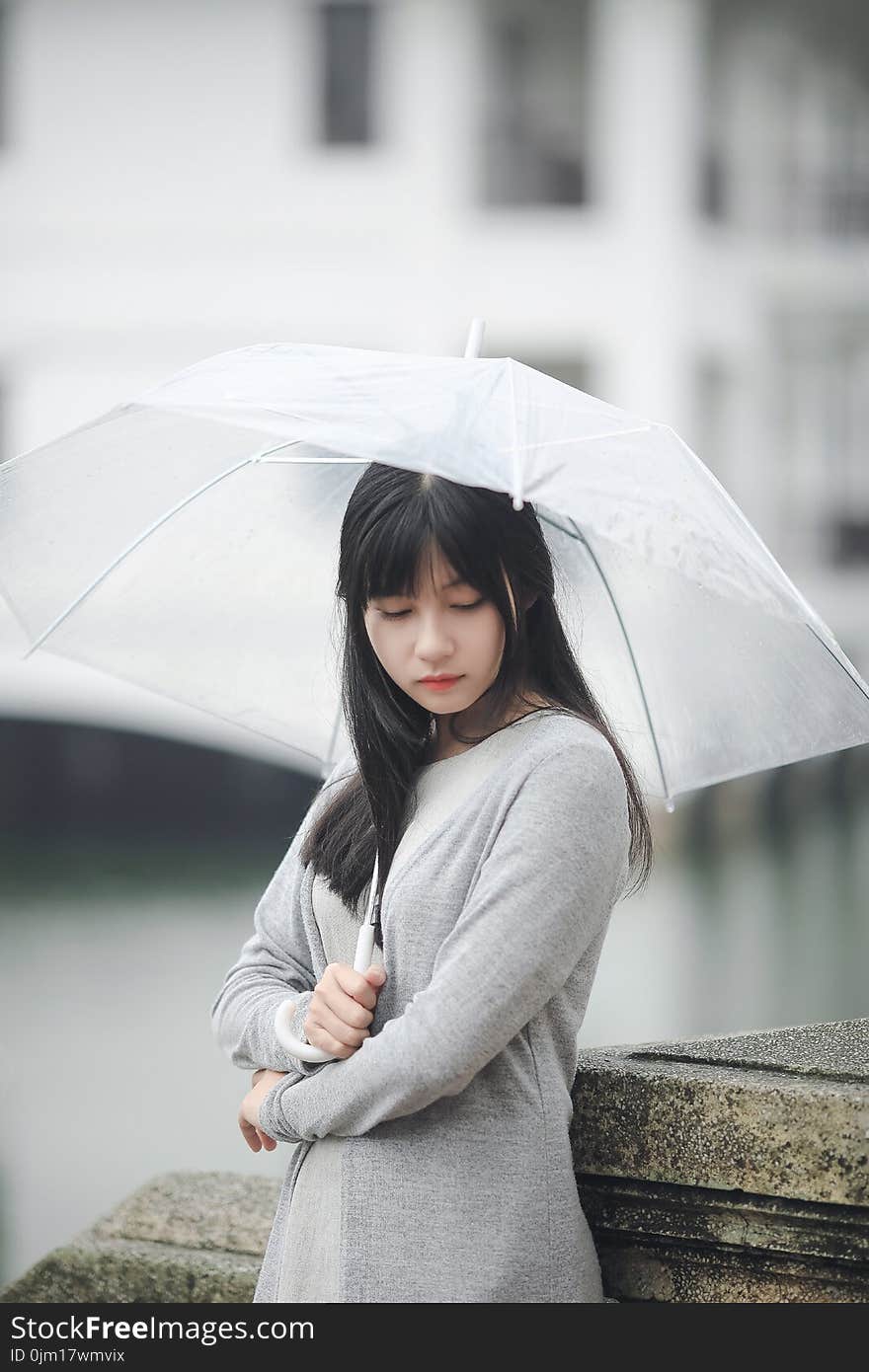 Woman Wearing Gray Sweater Holding Clear Umbrella