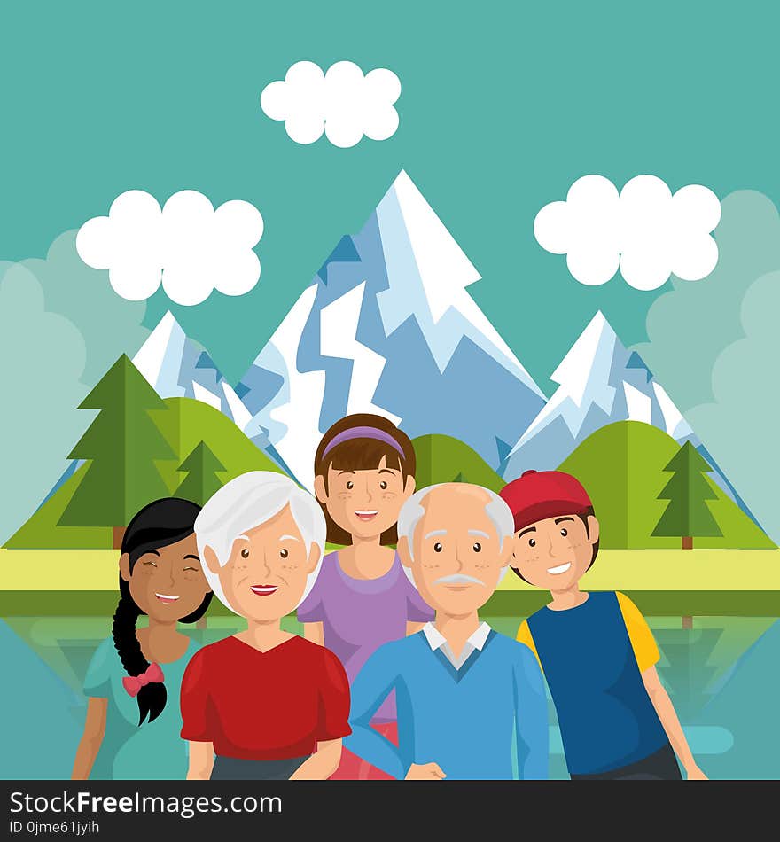 Family members outside in landscape vector illustration design