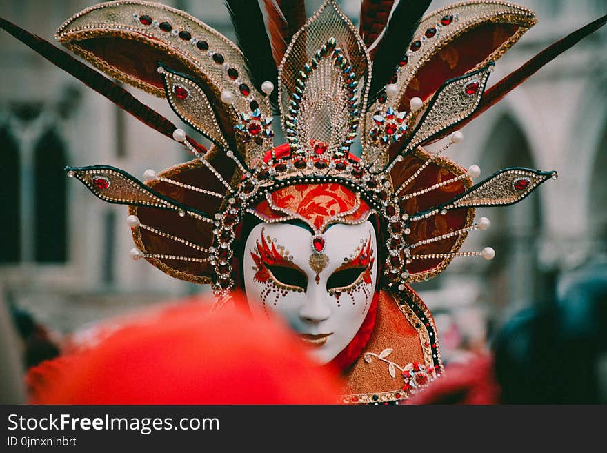 Person Wearing White and Orange Volto Mask