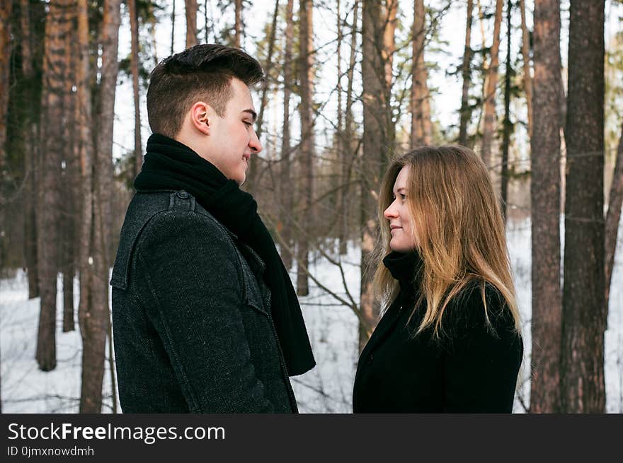 Man and Woman Wearing Black Coats Standing Near Snow-covered Trees