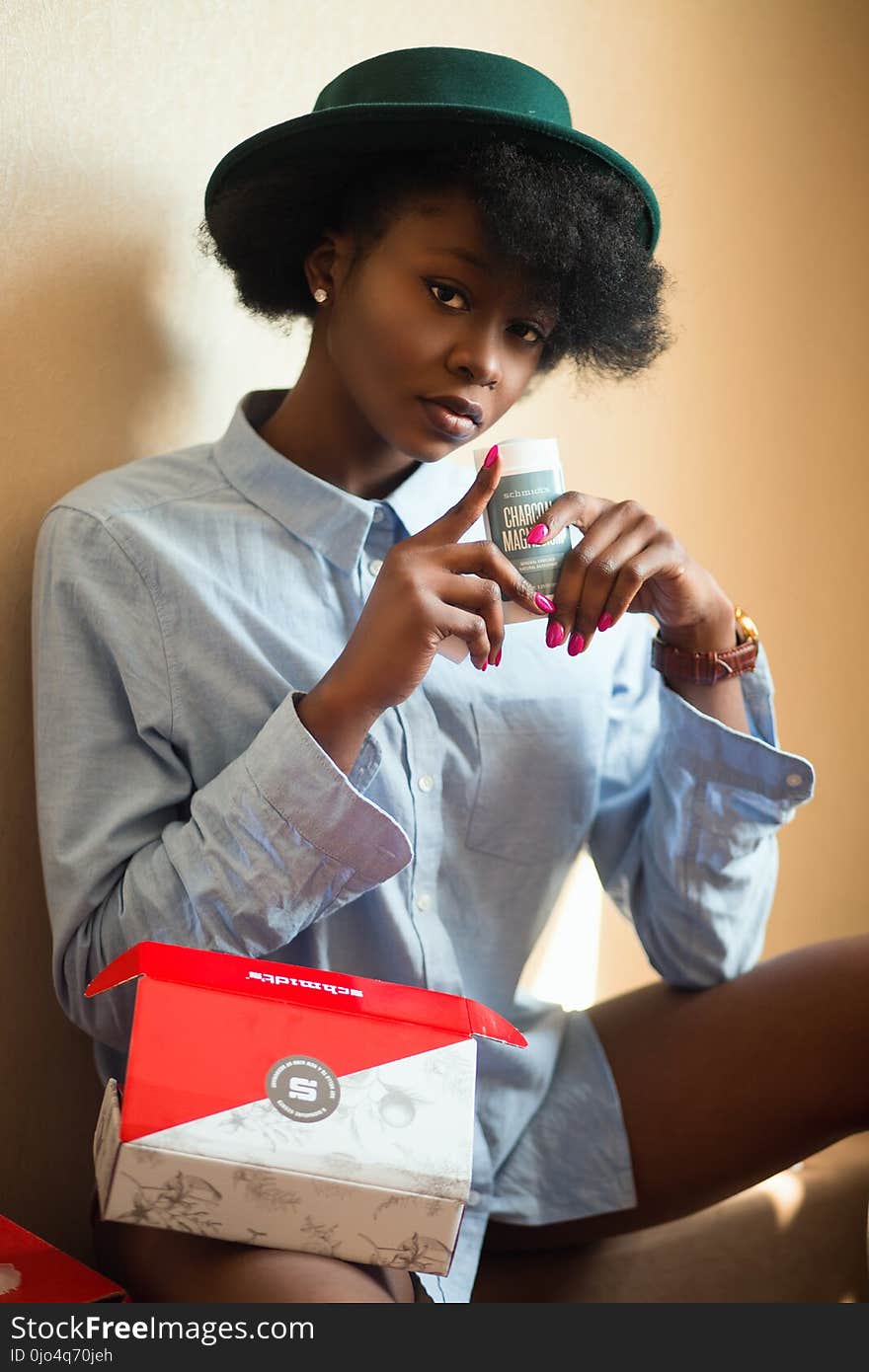 Woman Wearing Blue Dress Shirt