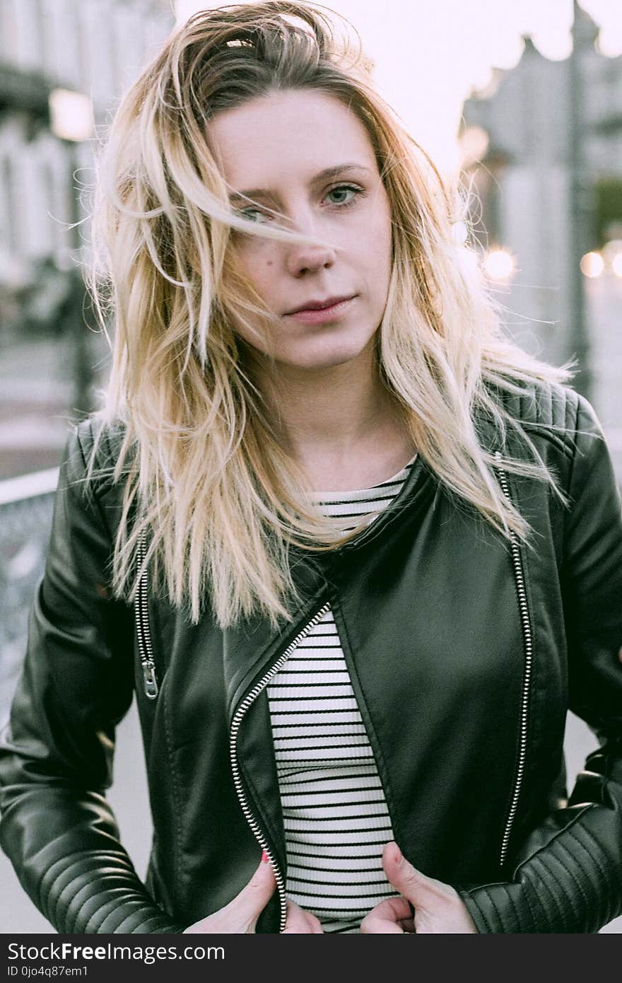 Woman Wearing Black Leather Zip-up Jacket