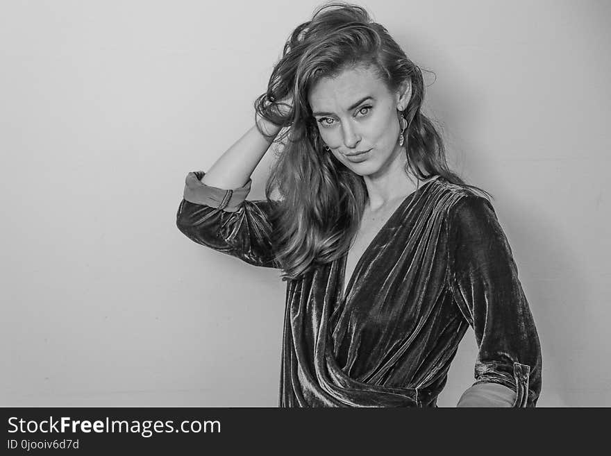 Woman in Surplice-neckline Long-sleeved Blouse Grayscale Photography