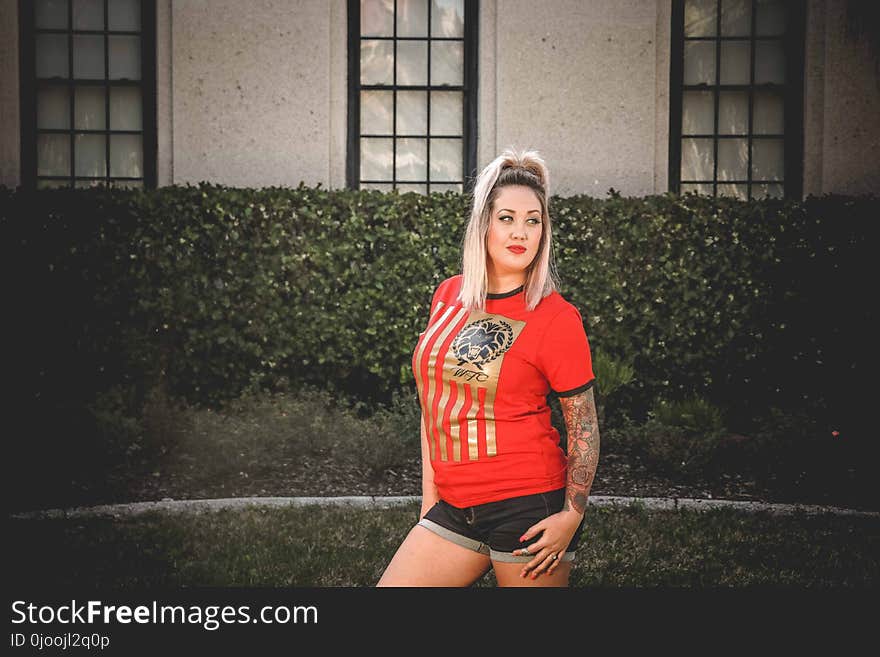 Woman Wearing Red Crew-neck T-shirt