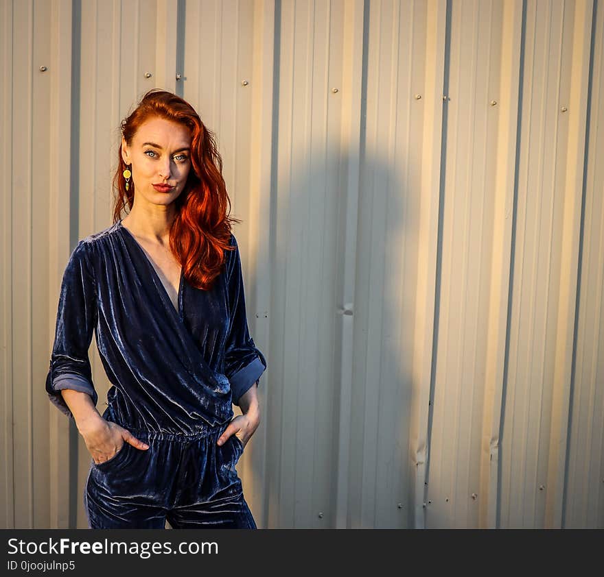 Women Wearing Blue Velvet Dress