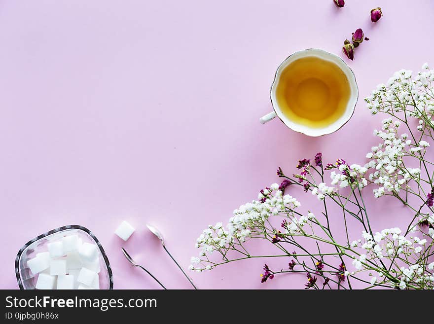 White and Purple Flowers With White Tea Cup Containing Yellow Liquid