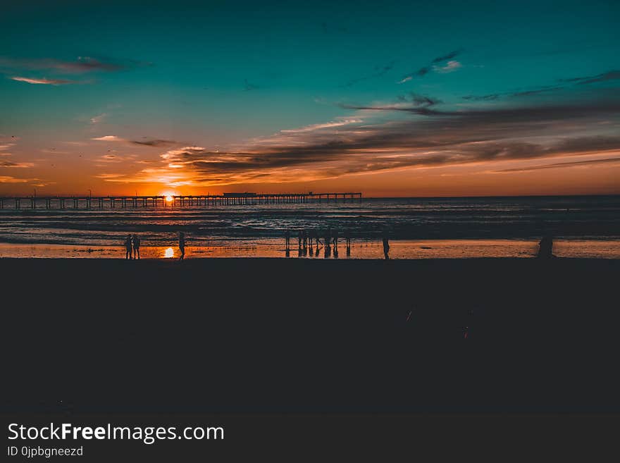 Silhouette of People Near Body of Water at Golden Hour