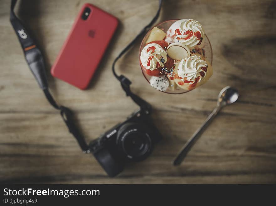 Black Dslr Camera, Teaspoon, Ice Cream and Iphone X