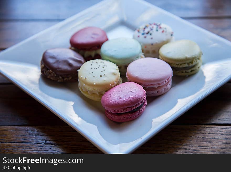 Macaroons Served on White Ceramic Plate