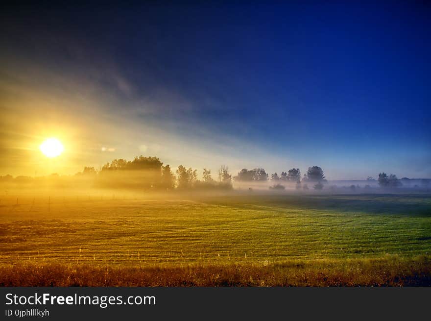 Sun rising over the bushes, setting off the morning fog and showing the blue sky. Sun rising over the bushes, setting off the morning fog and showing the blue sky