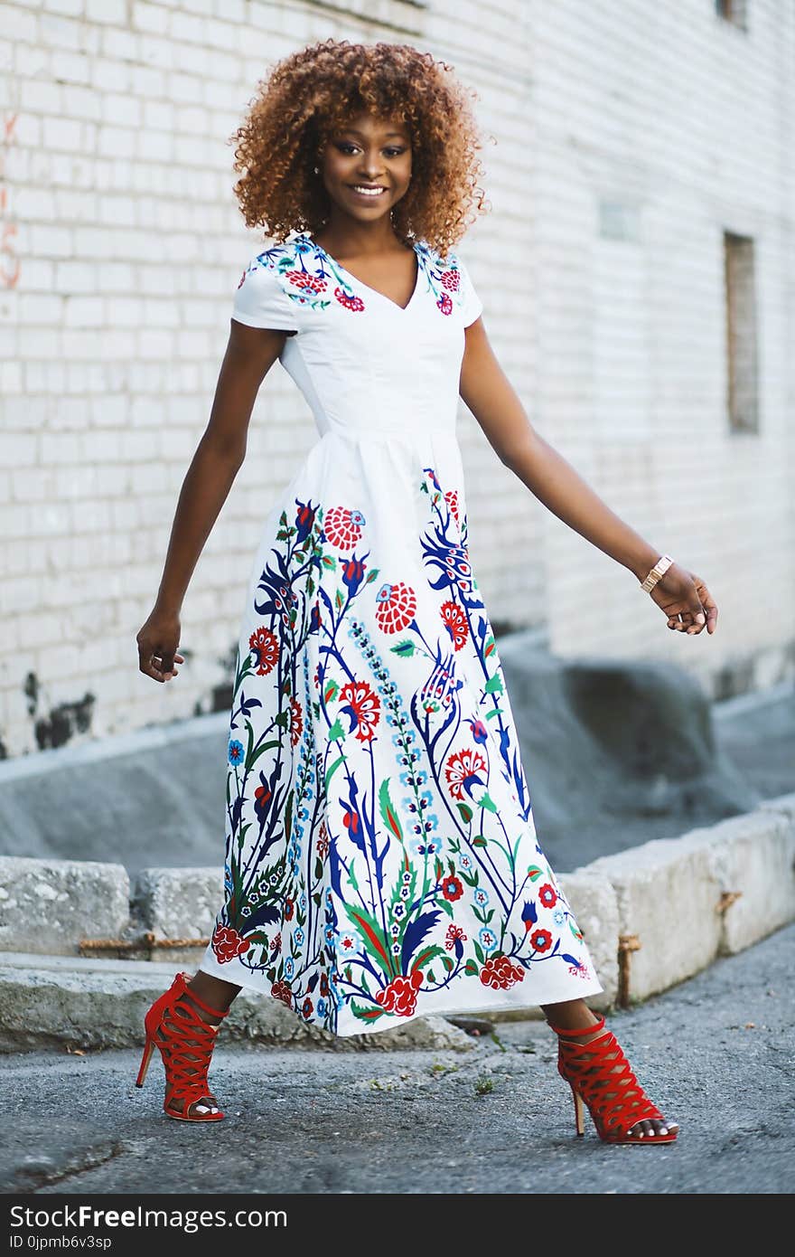 Woman Wearing White and Multicolored Floral V-neck Short-sleeved Maxi Dress