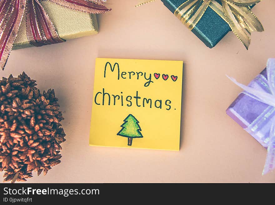 Christmas background and paper note merry christmas decor on ba