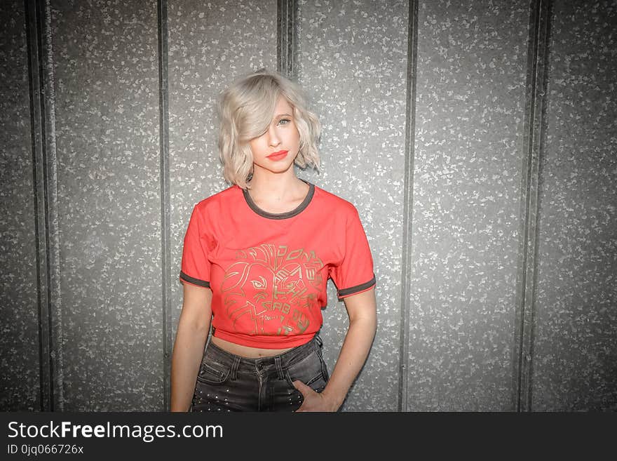 Woman Wearing Red and Gray Crew-neck T-shirt