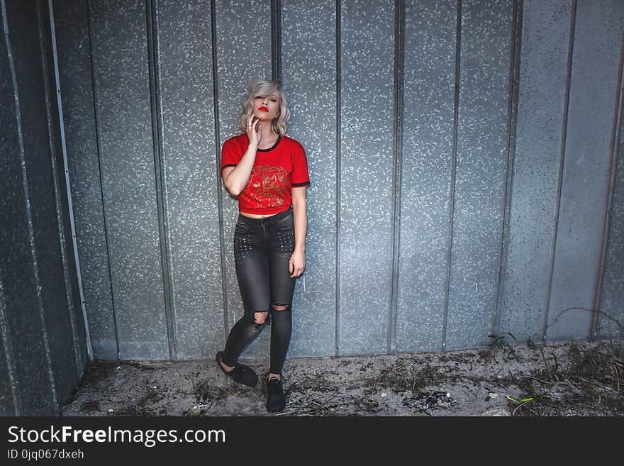 Woman in Red Scoop-neck Shirt