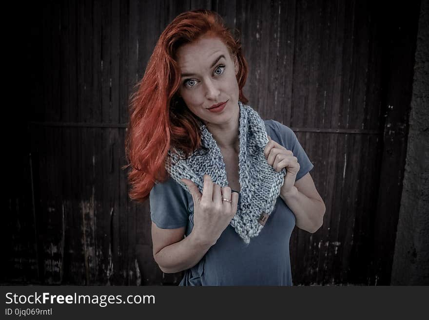 Woman Wearing White and Gray Scarf