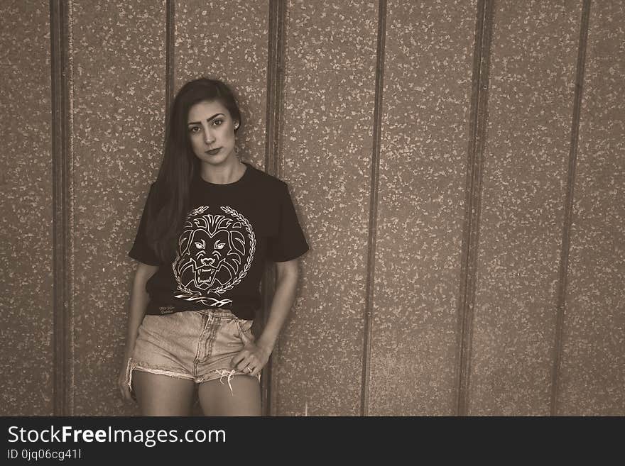 Woman Wearing White and Black Crew-neck T-shirt