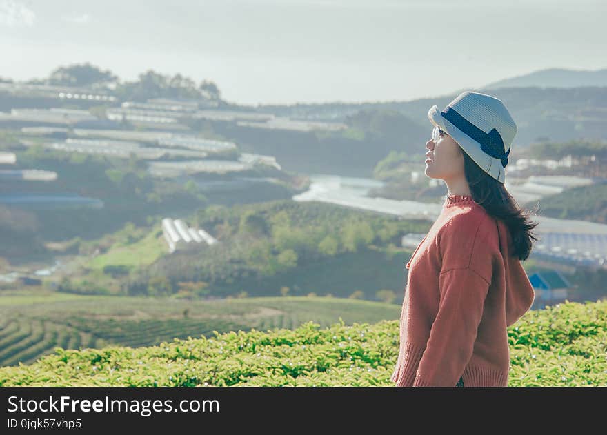 Woman in Red Sweater With Gray Hat Beside Green Field