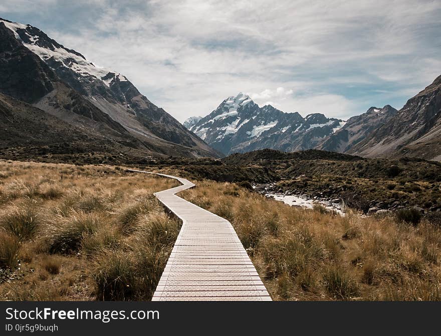 Brown Wooden Dock Surrounded With Green Grass Near Mountain Under White Clouds and Blue Sky at Daytime