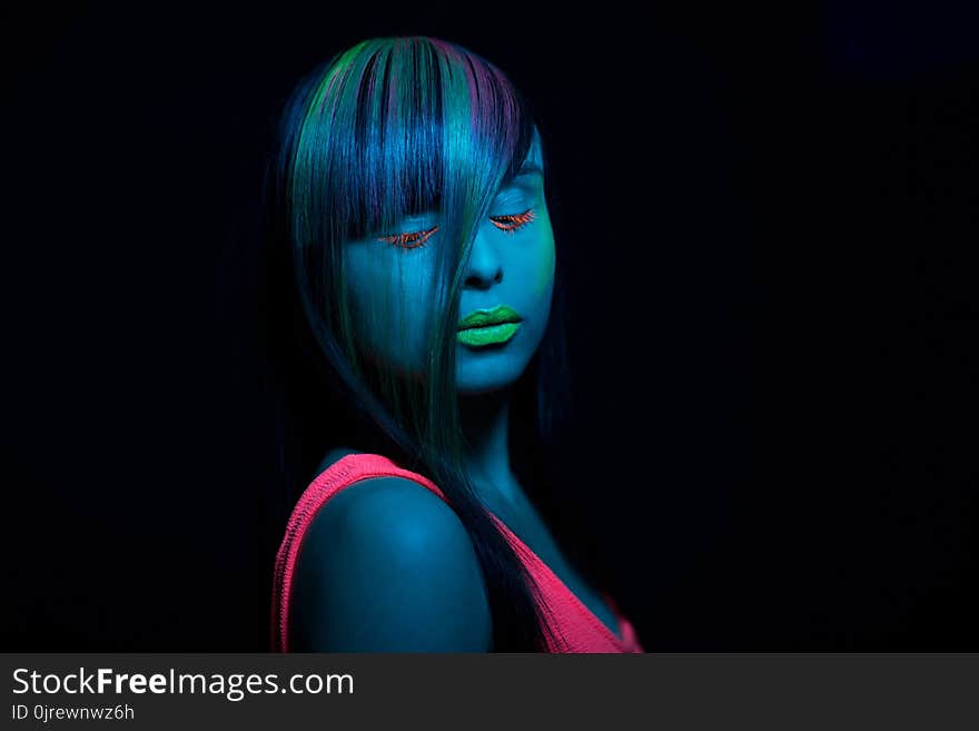 Beauty, Neon, Close Up, Black Hair