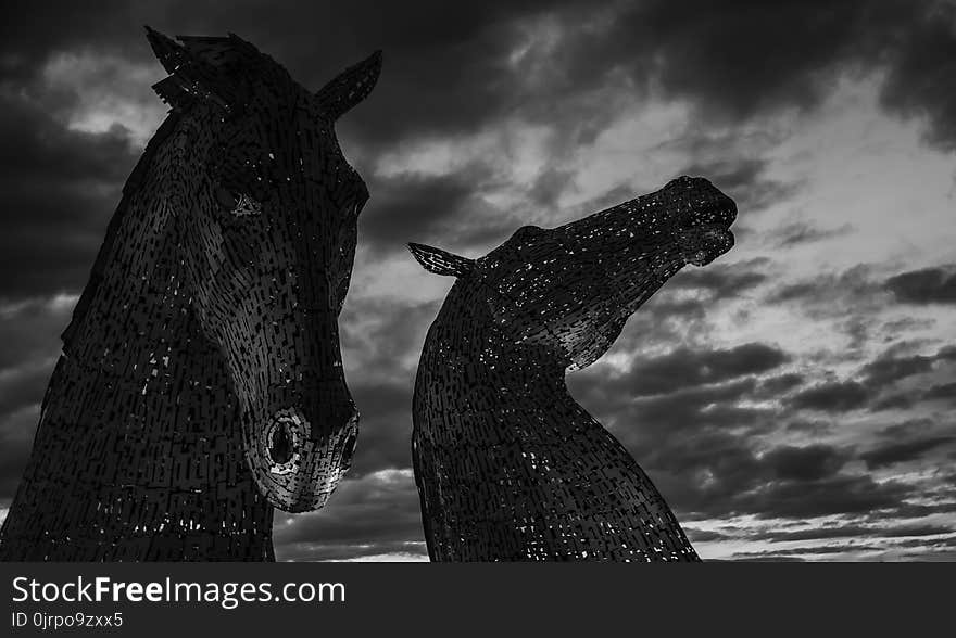 Grayscale Photography of Two Horse Statues