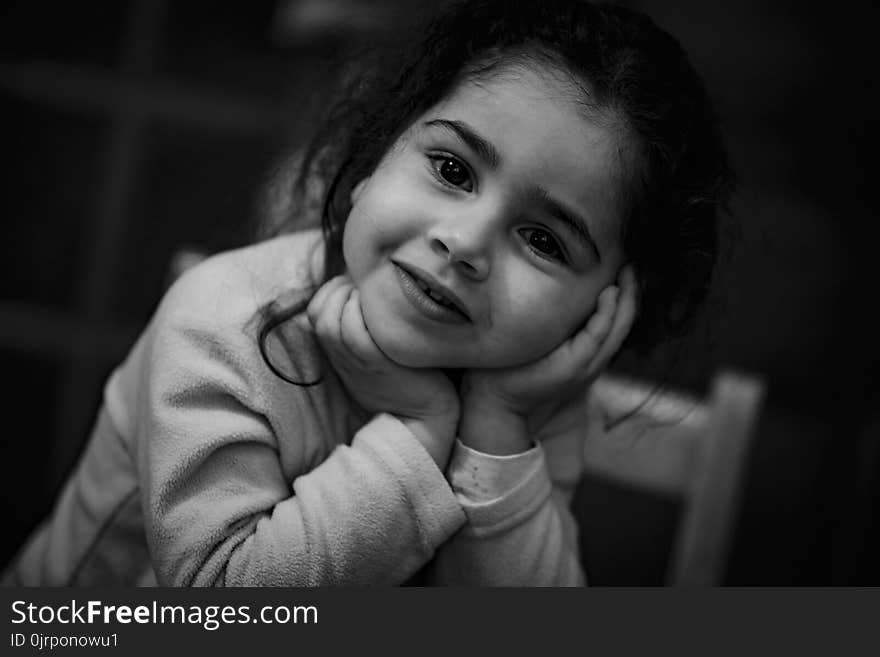 Greyscale Photo of Girl Wearing White Long-sleeved Shirt