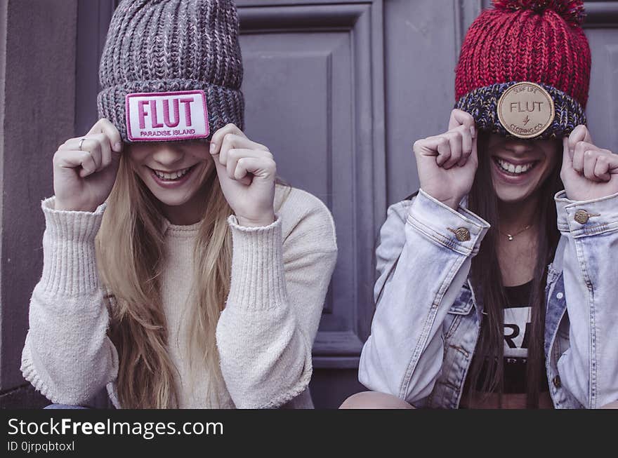 Two Women&#x27;s Gray and Red Flut Knit Caps