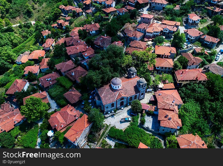 Aerial view of Palaios Panteleimonas is a mountain village, It is built at an altitude of 440 meters on the eastern slopes of Mount Olympus in northern Greece and attracts many visitors. Aerial view of Palaios Panteleimonas is a mountain village, It is built at an altitude of 440 meters on the eastern slopes of Mount Olympus in northern Greece and attracts many visitors