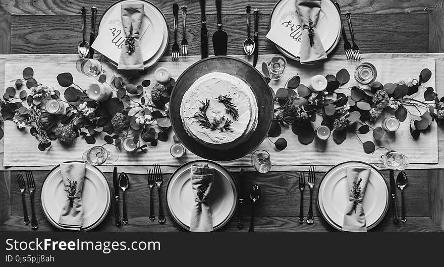 Cake With Five Plates Grayscale Photo