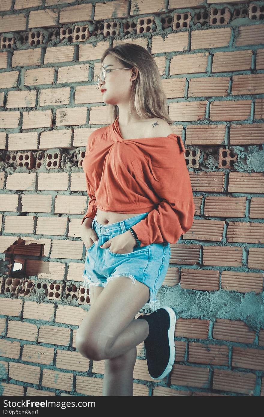 Woman Wearing Brown Long-sleeved Blouse and Blue Denim Short Shorts Standing Behind Brown Brick Wall