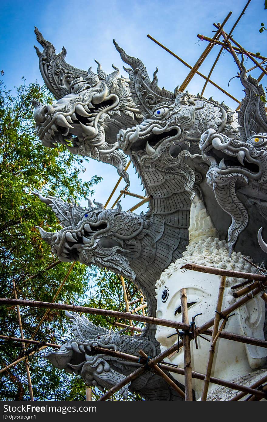 White Buddha With Dragon Concrete Statue E