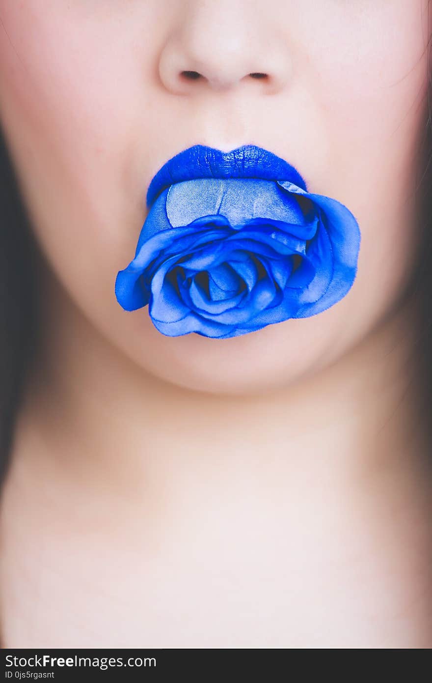 Blue Rose Flower on Woman&#x27;s Mouth