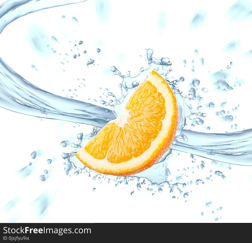 Orange slice and spray of blue water isolated on white background